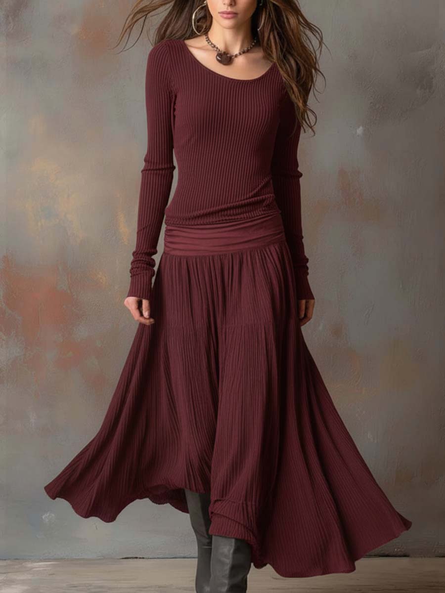 Vestido maxi vintage canelado em cinzento carvão