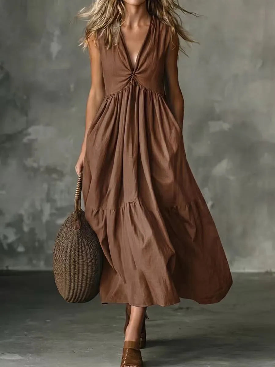 ✨Novidade – Vestido feminino com decote em V, pregas e bolsos – leve e arejado, perfeito para passeios na praia.