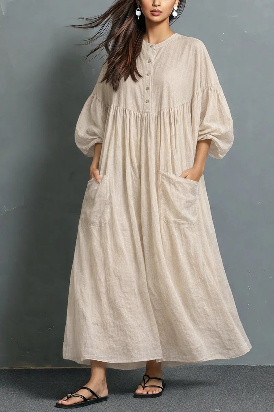 Vestido casual em linho e algodão