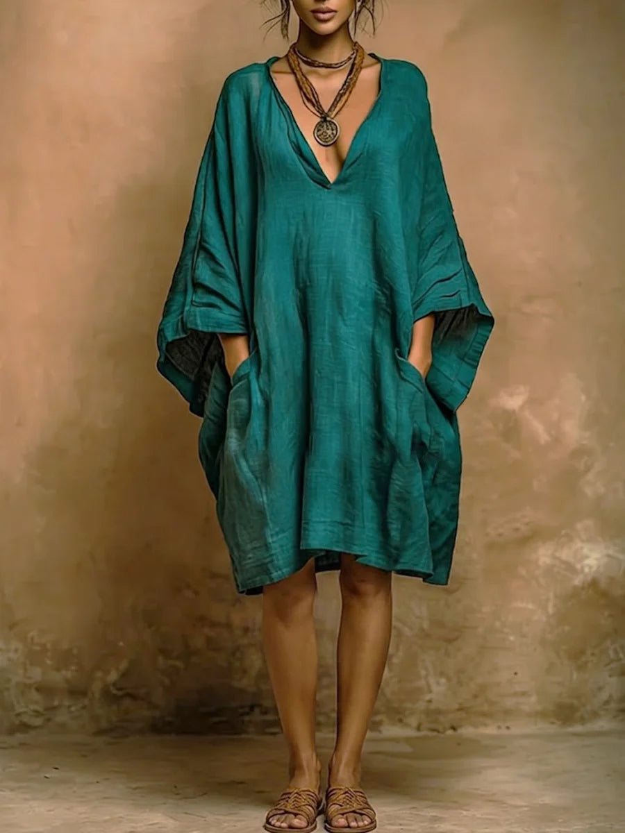 Vestido casual largo em linho e algodão