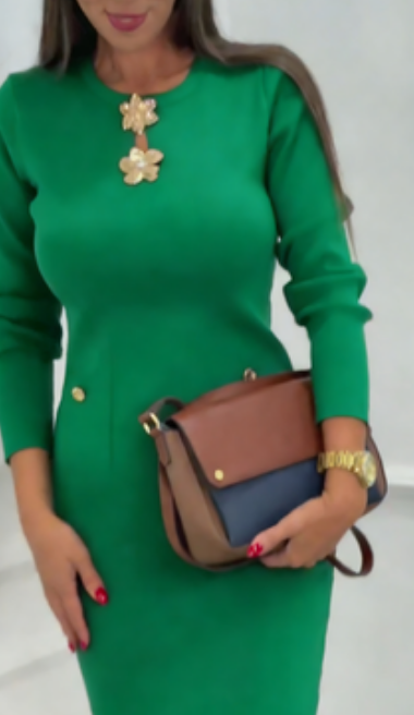 Vestido elegante de mangas compridas com gola redonda