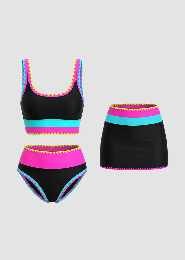 ✨Conjunto de biquíni de 3 peças colorido e desportivo, fabricado em nylon de alto contraste.