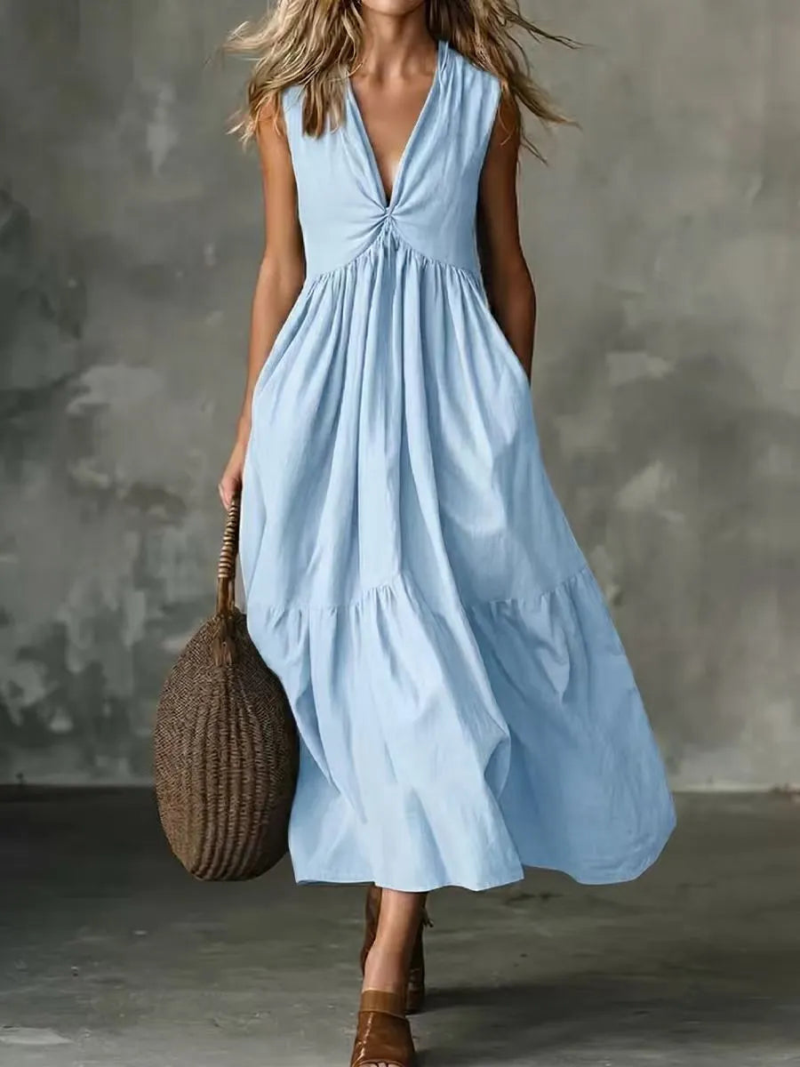 ✨Novidade – Vestido feminino com decote em V, pregas e bolsos – leve e arejado, perfeito para passeios na praia.