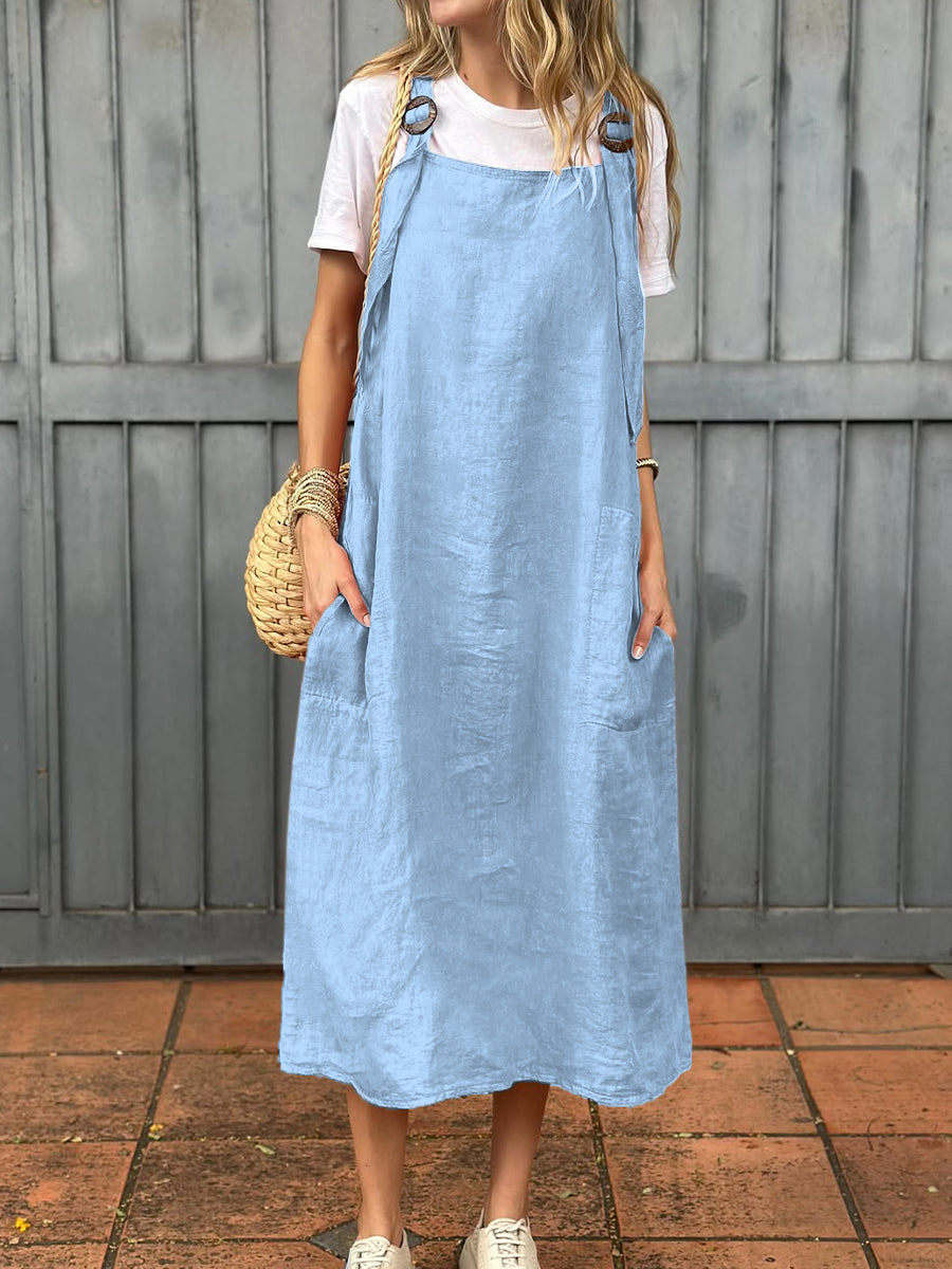 Vestido de mulher em algodão e linho com alça ajustável e bolso