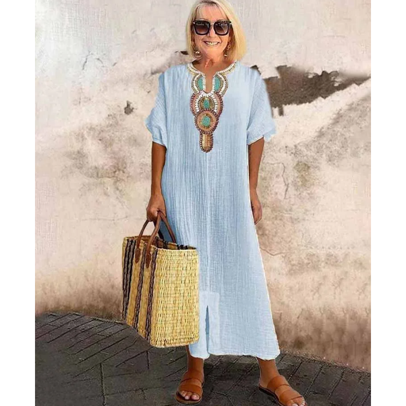 [S-4XL]🌿 Vestido largo bordado em algodão e linho