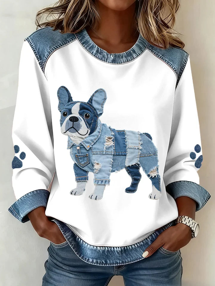 Blusa de moletão para mulher em ganga com estampado de dachshund e patchwork