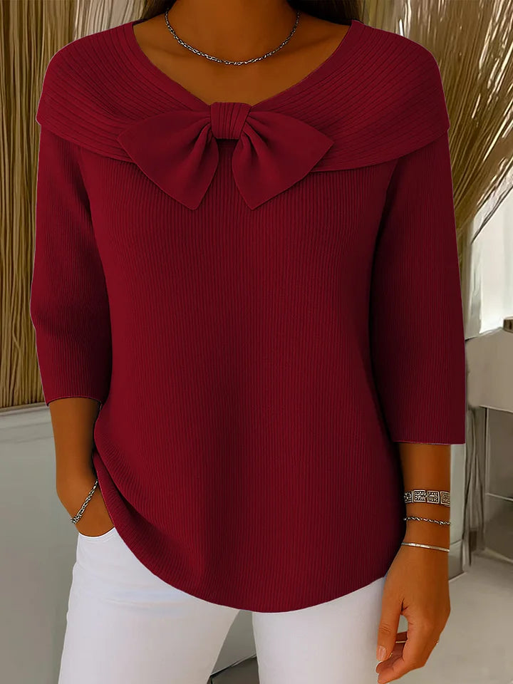 Camisola de malha de cor sólida para mulher com gola redonda, mangas 3/4 e gravata borboleta, adequada para uso diário