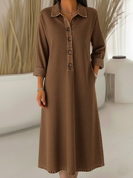 Vestido clássico de ganga com gola polo e botões