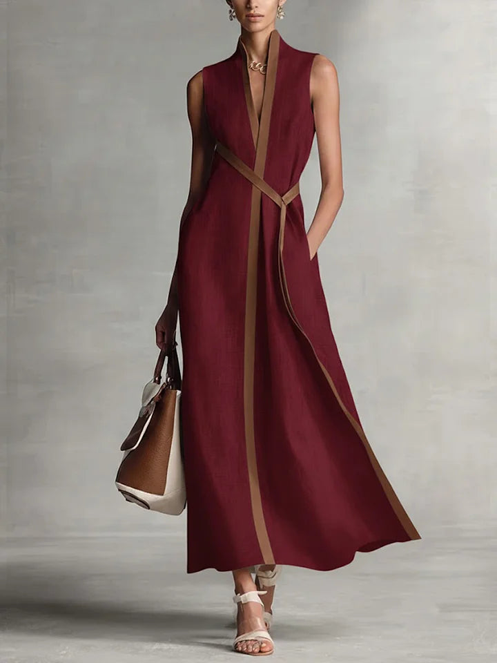 Vestido casual de menina solto sem mangas com gola alta em algodão e linho