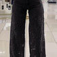Calça de ganga feminina com patchwork e renda vazada