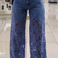 Calça de ganga feminina com patchwork e renda vazada