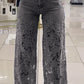 Calça de ganga feminina com patchwork e renda vazada