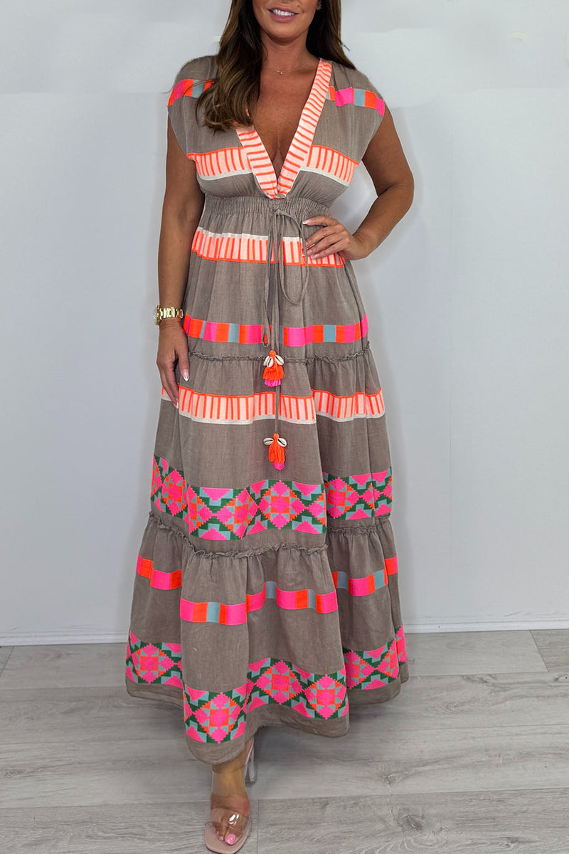 Vestido casual de menina solto com decote em V e estampado patchwork