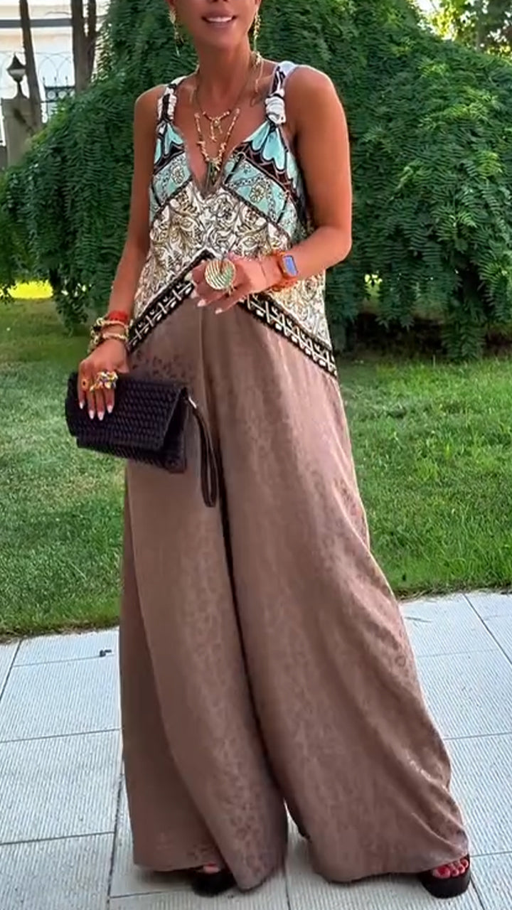 Women's V-neck Patchwork Printed Loose Casual Jumpsuit