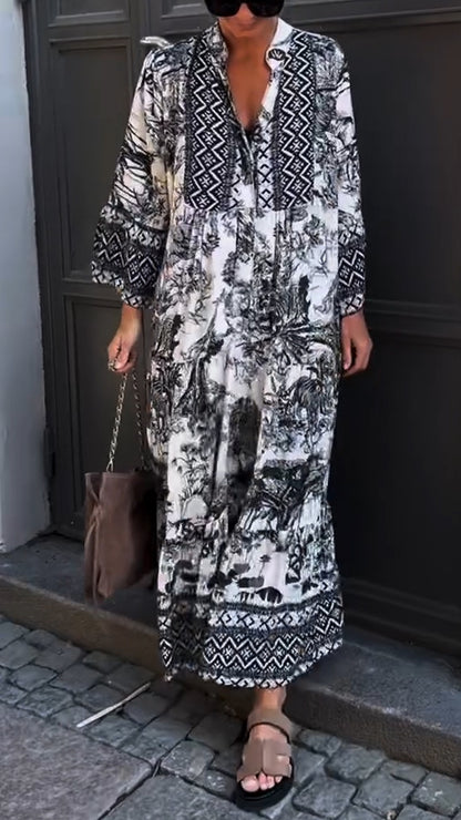 Vestido casual solto com estampado de gola feminina