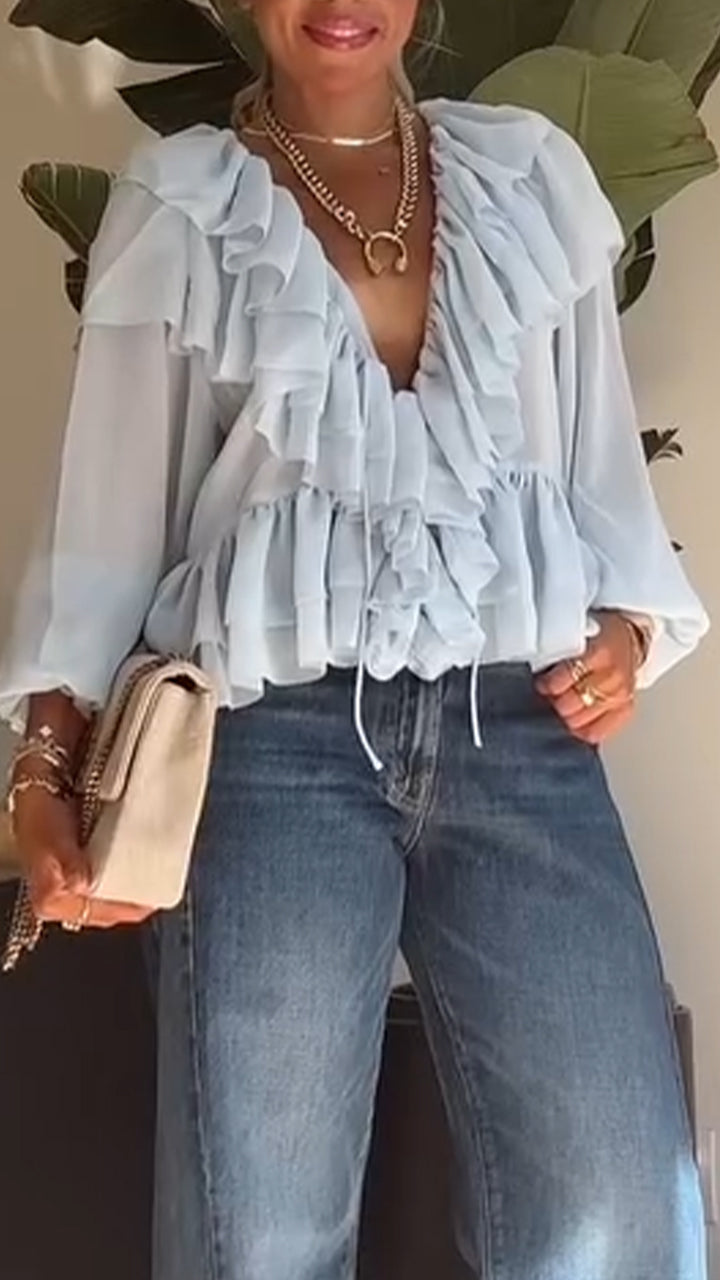 Blusa casual para mulher com decote em V e várias camadas emendadas