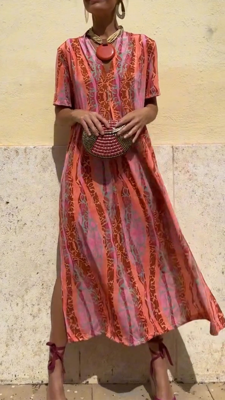 Vestido casual para mulher com decote em V e estampado vertical e racha