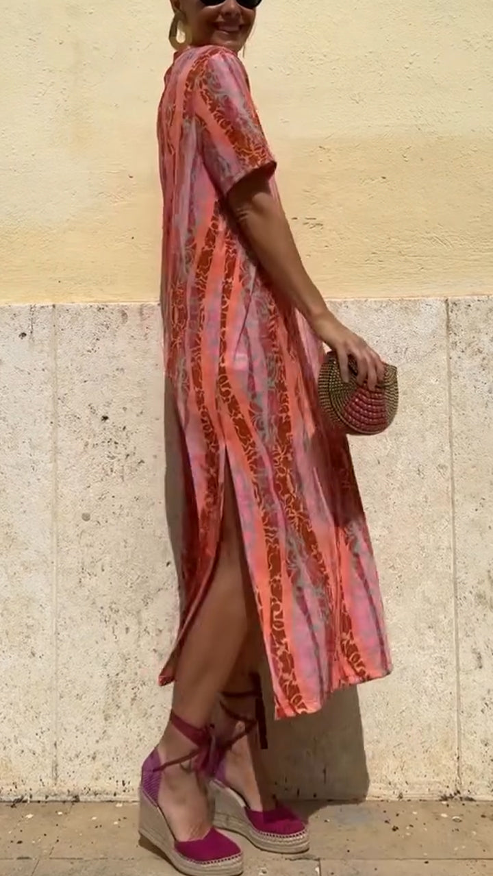 Vestido casual para mulher com decote em V e estampado vertical e racha