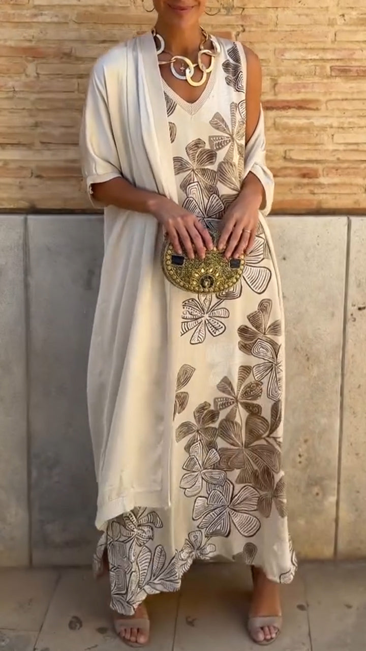 Vestido estampado com decote em V para mulher + conjunto casual cardigan