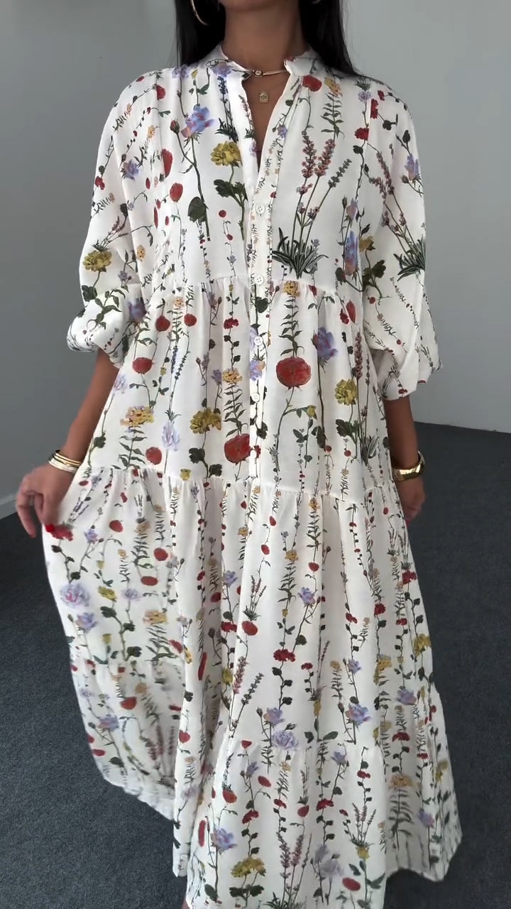 Vestido casual para mulher com estampado de patchwork e gola redonda