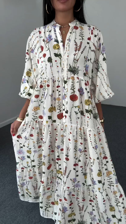 Vestido casual para mulher com estampado de patchwork e gola redonda