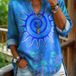 Camisa casual de mulher em algodão denim lavado com estampado floral de girassóis e decote em V.