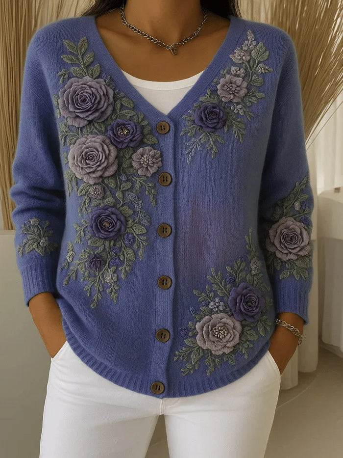 Cardigan de mulher em algodão com decote em V e estampado floral