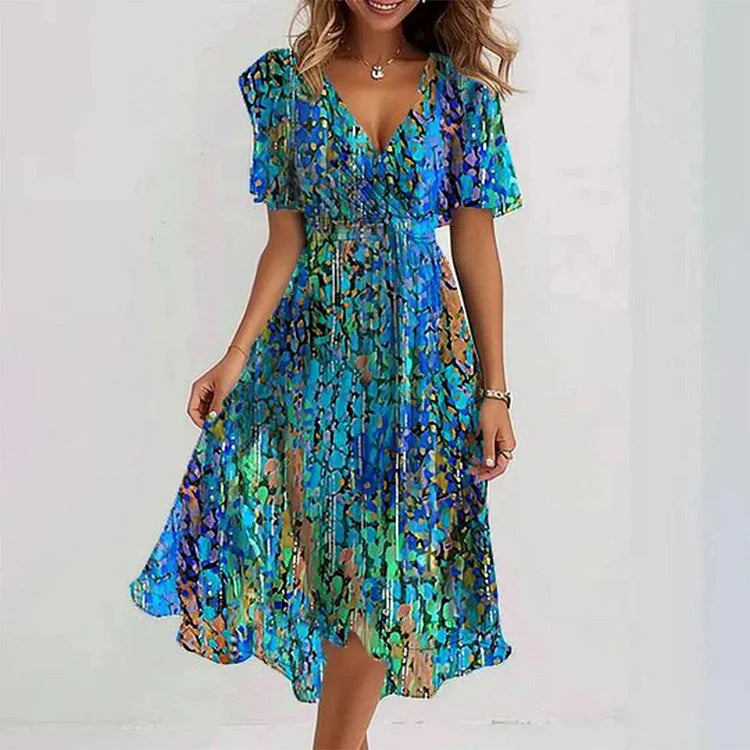 🔥 Elegante vestido de chiffon estampado com decote em V✨