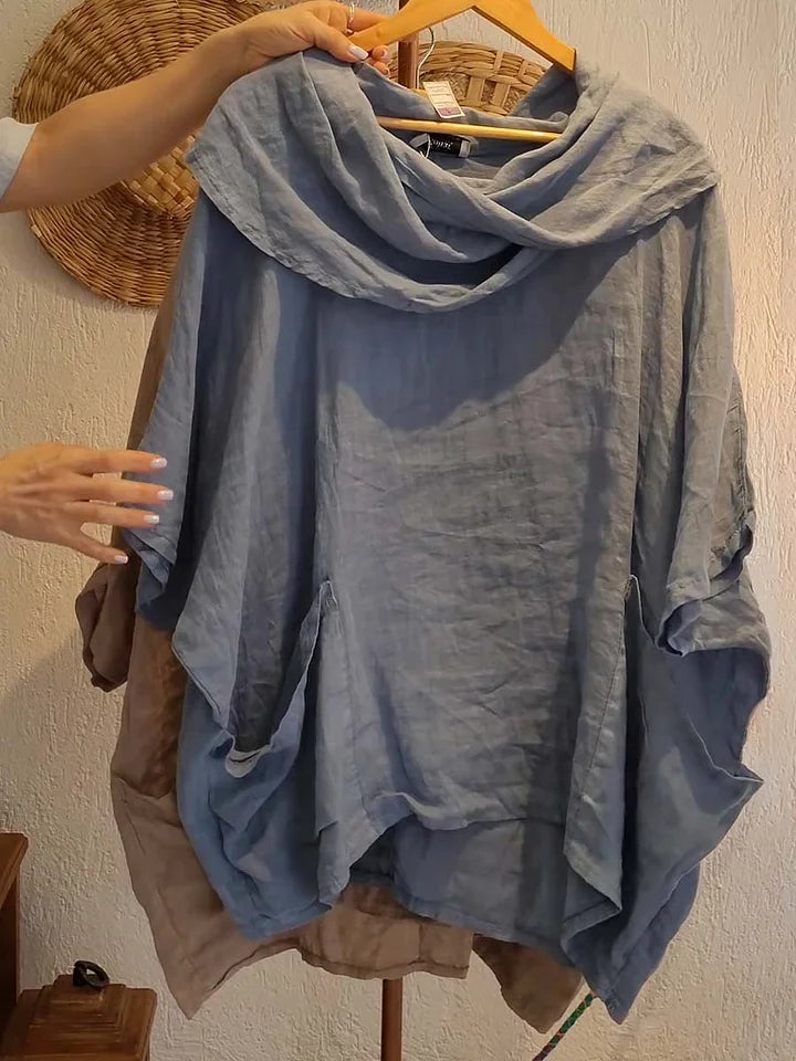 Blusa de linho para mulher, casual e confortável, com mangas a três quartos e bolso