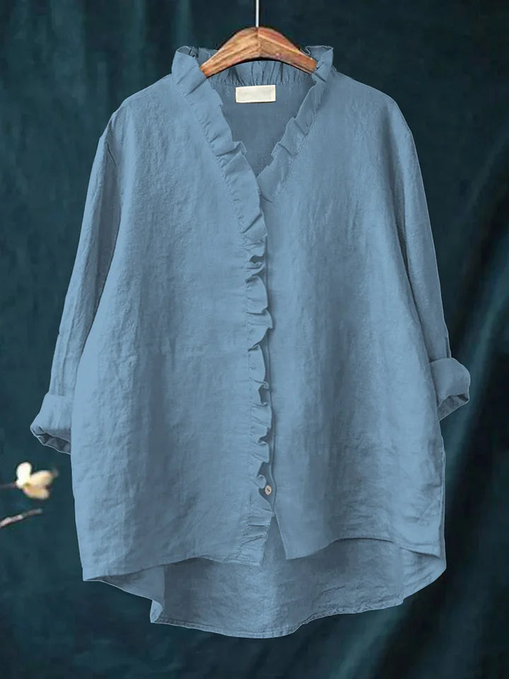 Camisa casual de mulher em algodão e linho com folhos