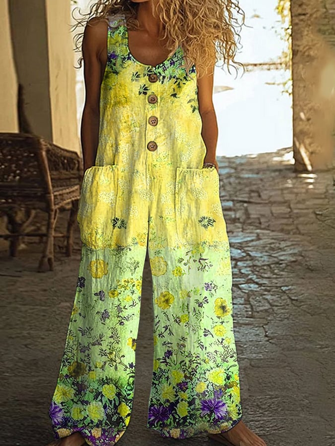 Macacão casual vintage para mulher com patchwork floral