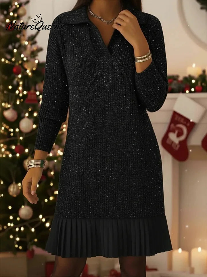 Vestido de malha elegante e brilhante com gola alta