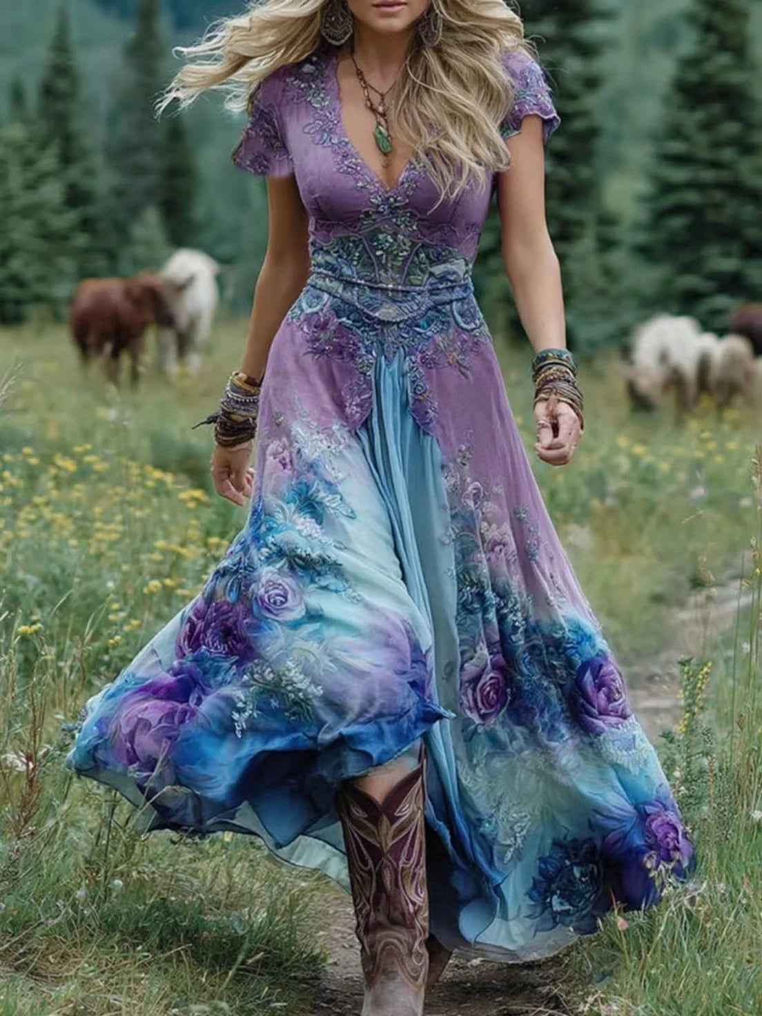 Vestido comprido elegante com estampado floral