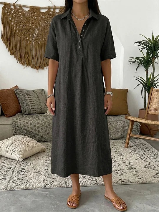 Vestido polo para mulher em algodão e linho – Manga curta casual para o verão