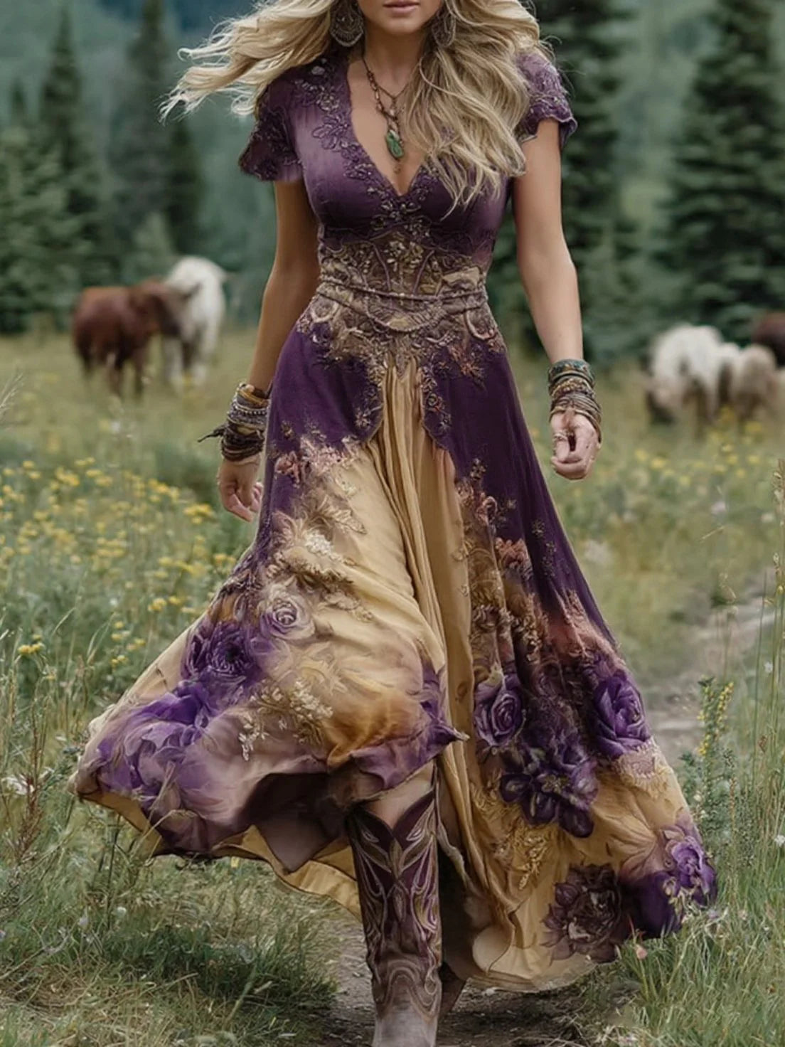 Vestido comprido elegante com estampado floral