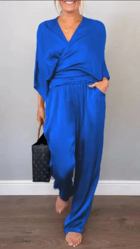 Conjunto de blusa e calças para menina com decote em V