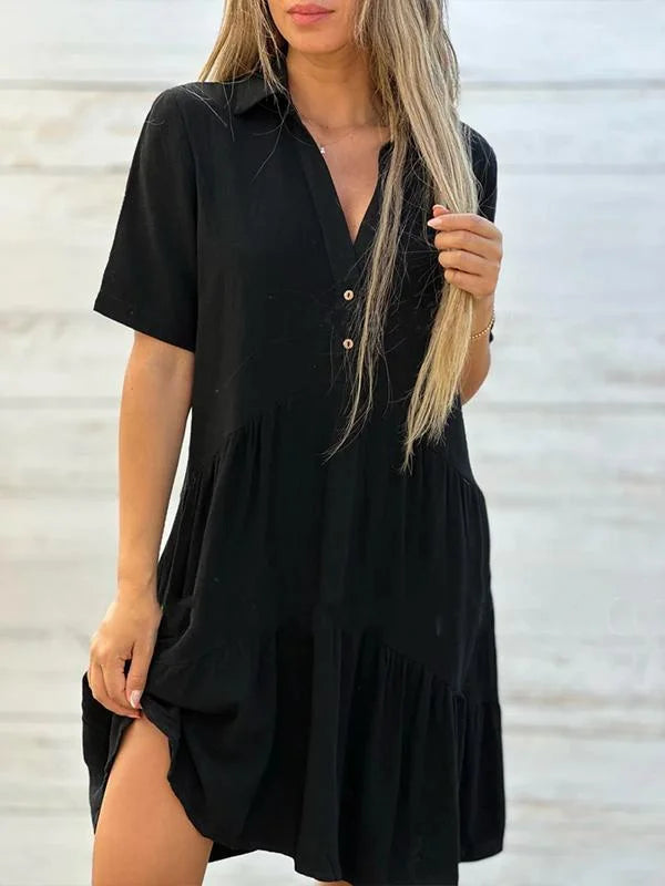 Vestido de menina solto, simples e casual, de manga curta, feito de algodão e linho