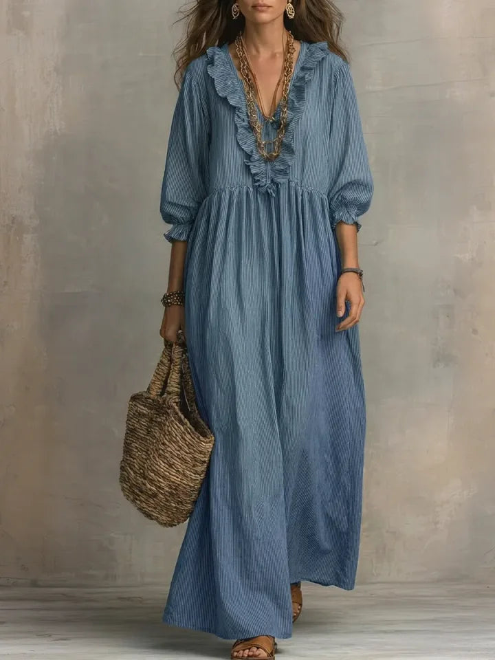 Vestido comprido feminino casual e elegante com estampado às riscas e folhos para férias