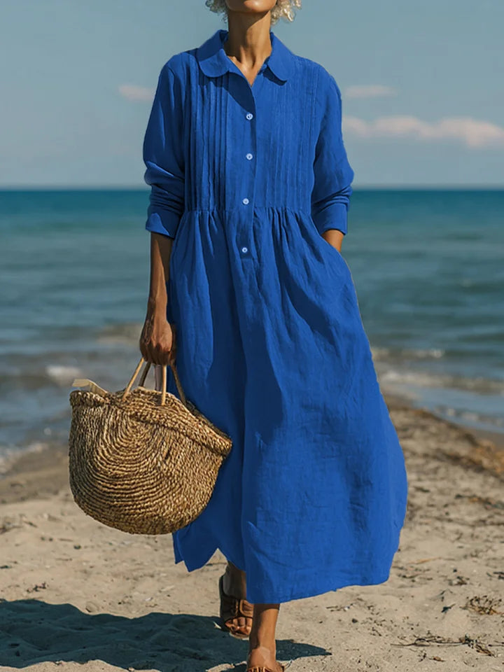 Vestido casual de mulher em linho e algodão com bolso plissado