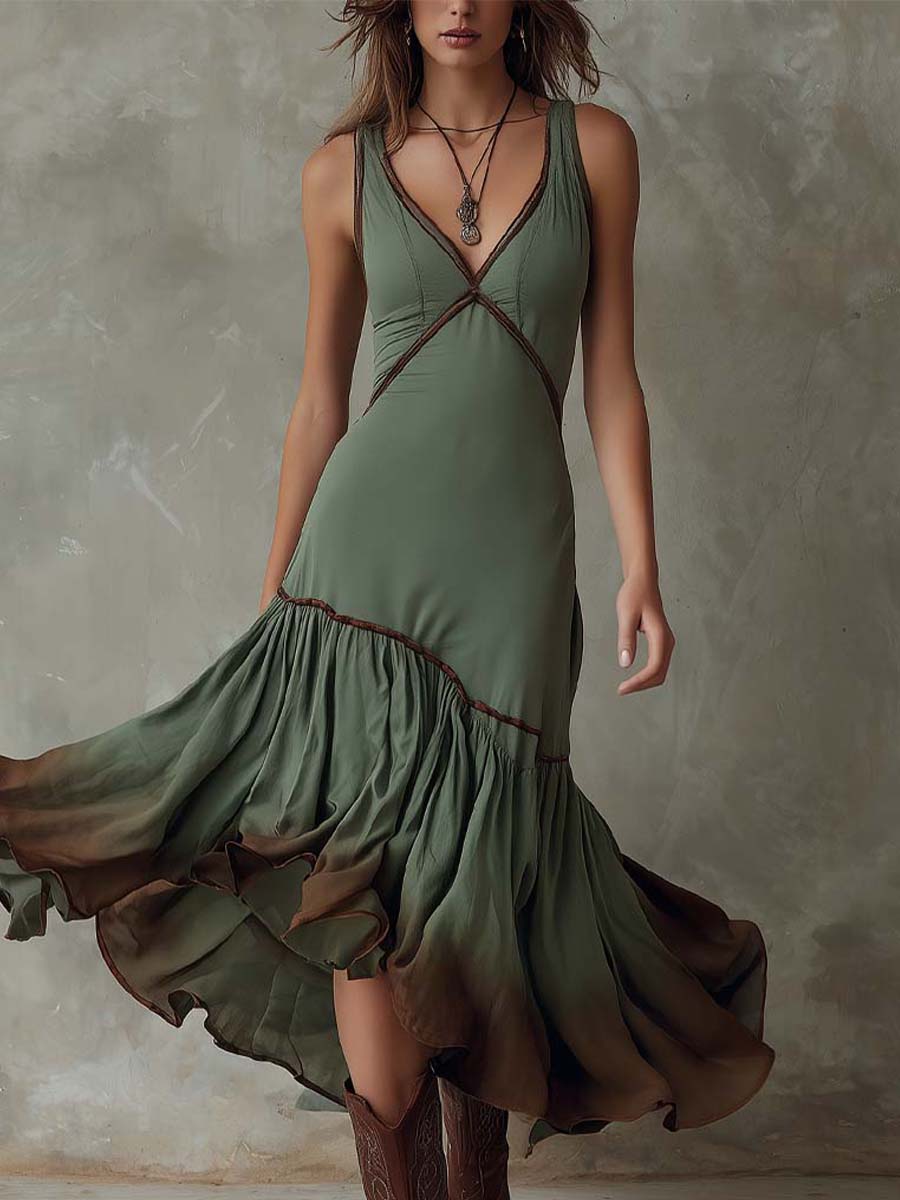 Vestido midi com folhos em estilo boémio com efeito degradé