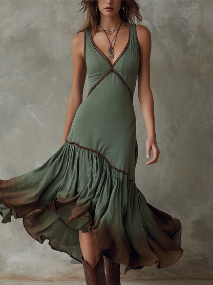 Vestido midi com folhos em estilo boémio com efeito degradé