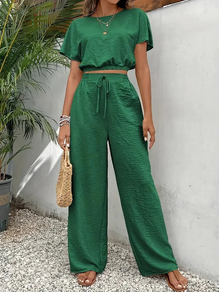 🍃Conjunto de duas peças para mulher com mangas curtas e calças direitas e largas