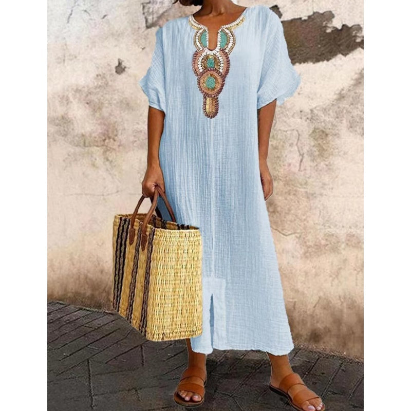 [S-4XL]🌿 Vestido largo bordado em algodão e linho