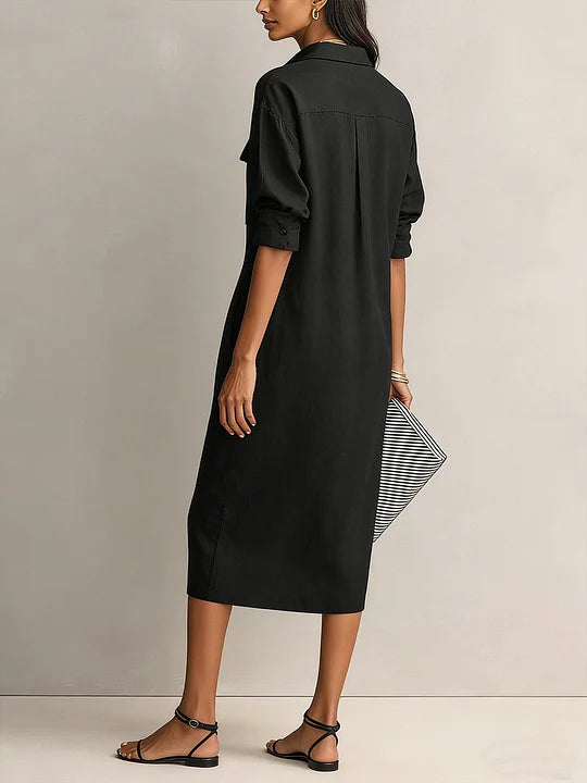 Vestido casual em algodão e linho, de cor sólida, manga comprida e corte largo