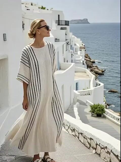 Vestido listrado de algodão e linho