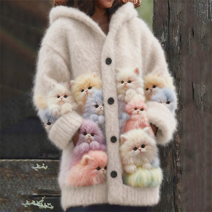 Cardigan com capuz fofo, macio e colorido com estampado de gatos