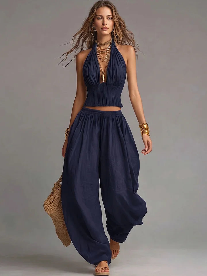 Conjunto sexy boho de duas peças com top de alças e calças pantalona.