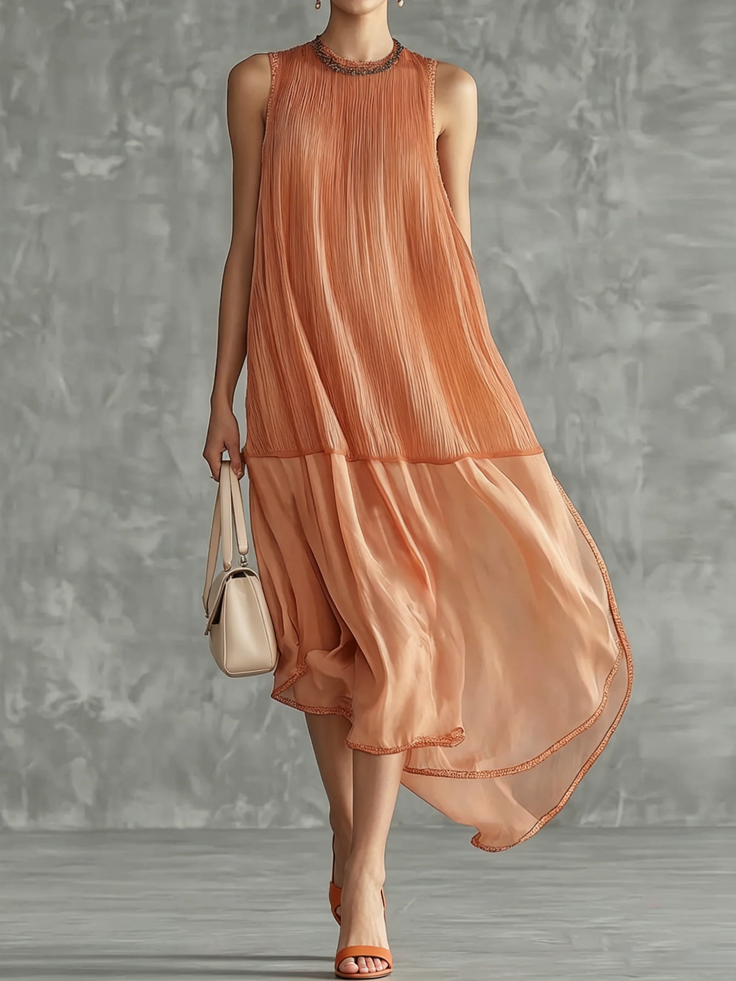 Vestido midi elegante e simples, com decote redondo e racha.
