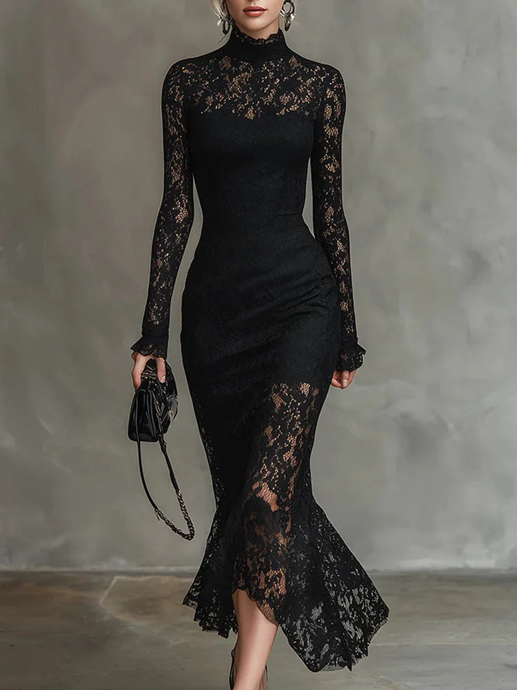 Vestido comprido sereia elegante em renda elástica preta