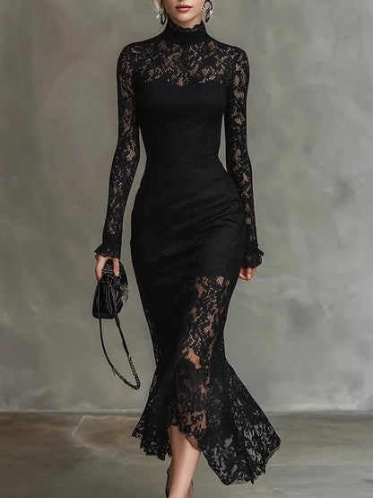 Vestido comprido sereia elegante em renda elástica preta